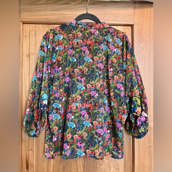 EUC WARM LOVE STREET Cropped Cotton Floral Blouse Size 3 (L) Green/Teal/Coral - Picture 3 of 10